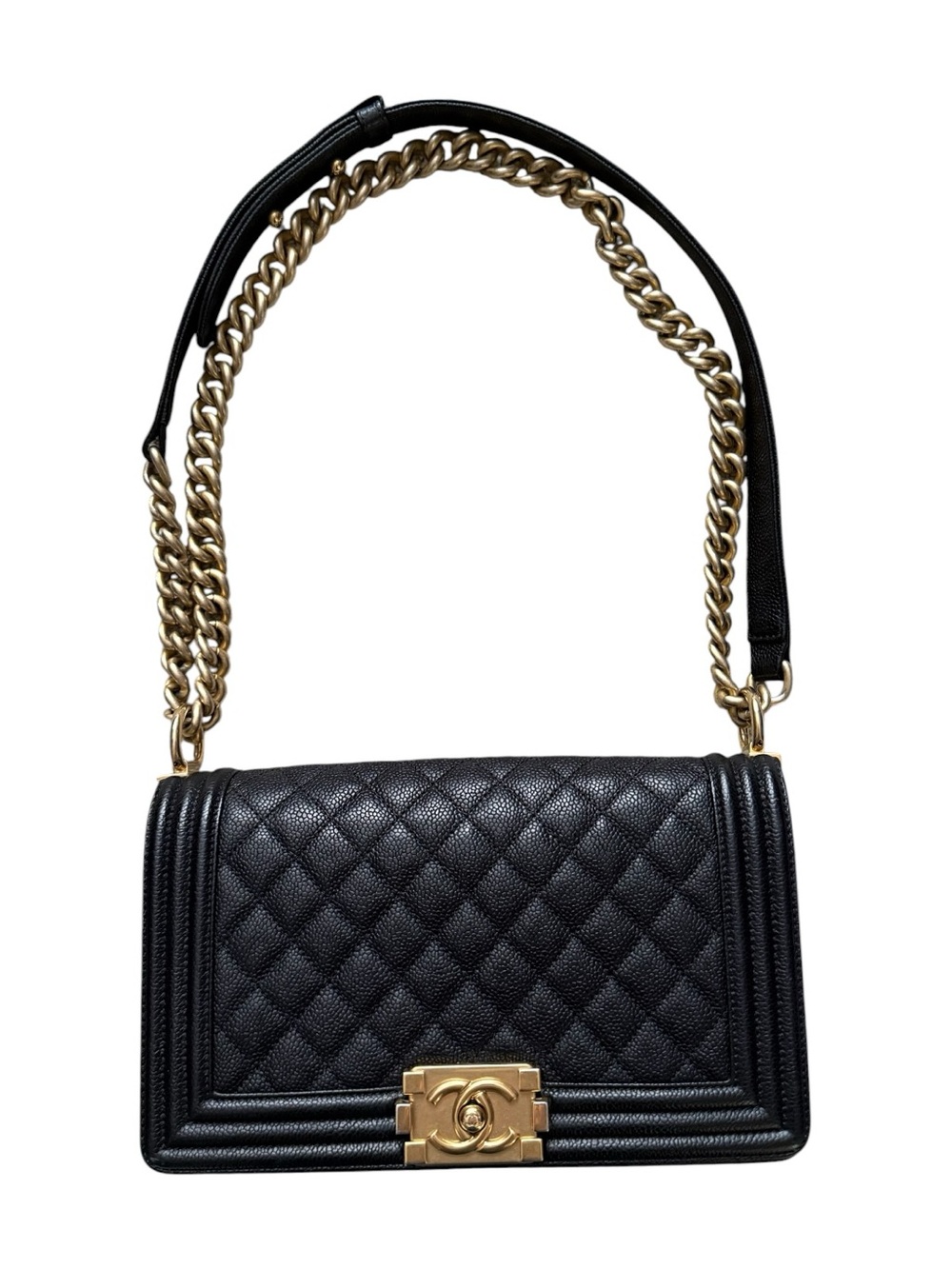 Chanel Boy Bag Medium Size Black Caviar Leather with Gold Hardware